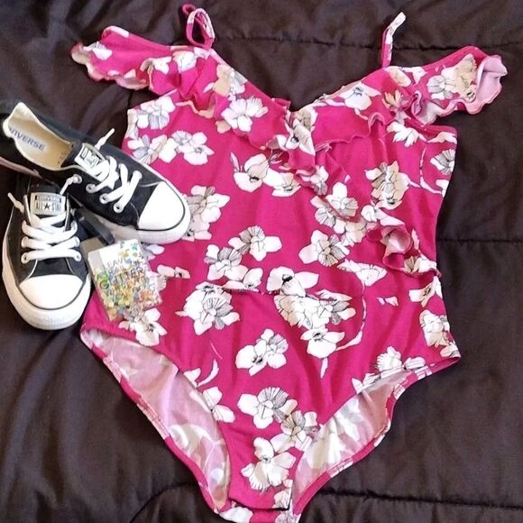 Heart Soul Pink White Floral Ruffled Cold Shoulder Surplice Bodysuit XL - Picture 2 of 14